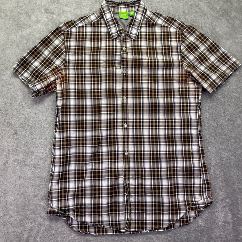 Kids Hugo Boss Plaid Short Sleeve Button Down Shirt‎ Brown Blue Youth L